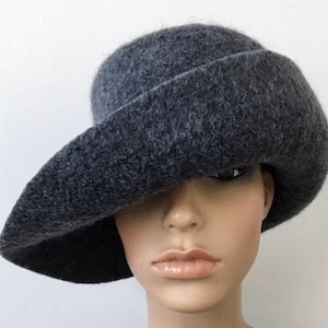 Charcoal and Dark Gray Heather Wool Cloche Hat with 3.5” wide brim, Women’s Felted Wide Brim Hat, Handmade Felted Hat, Floppy Wool Hat