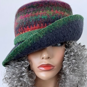 Colorful Felted Cloche Hat: Handmade Wool Wide Brim Hat