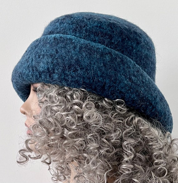 Teal Tweed Felted Wool Cloche Hat: Handmade Winter Hat With  display picture 3