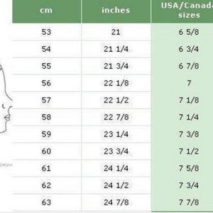 May include: A chart showing hat sizes in centimeters, inches, USA/Canada sizes, and universal sizes. The chart shows sizes from 53 cm to 63 cm, or 21 inches to 24 7/8 inches.