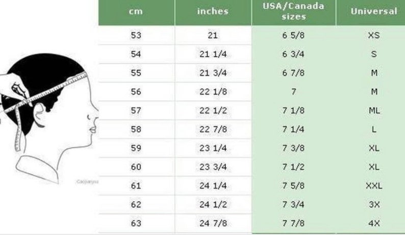May include: A chart showing hat sizes in centimeters, inches, USA/Canada sizes, and universal sizes. The chart shows sizes from 53 cm to 63 cm, or 21 inches to 24 7/8 inches.