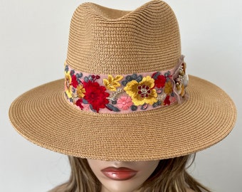 Tan Wide Brim Straw Panama Hat with Colorul Trim beading embellishments, Straw Fedora Hat, size 22” up to 23” Ready to Ship UPF 50+