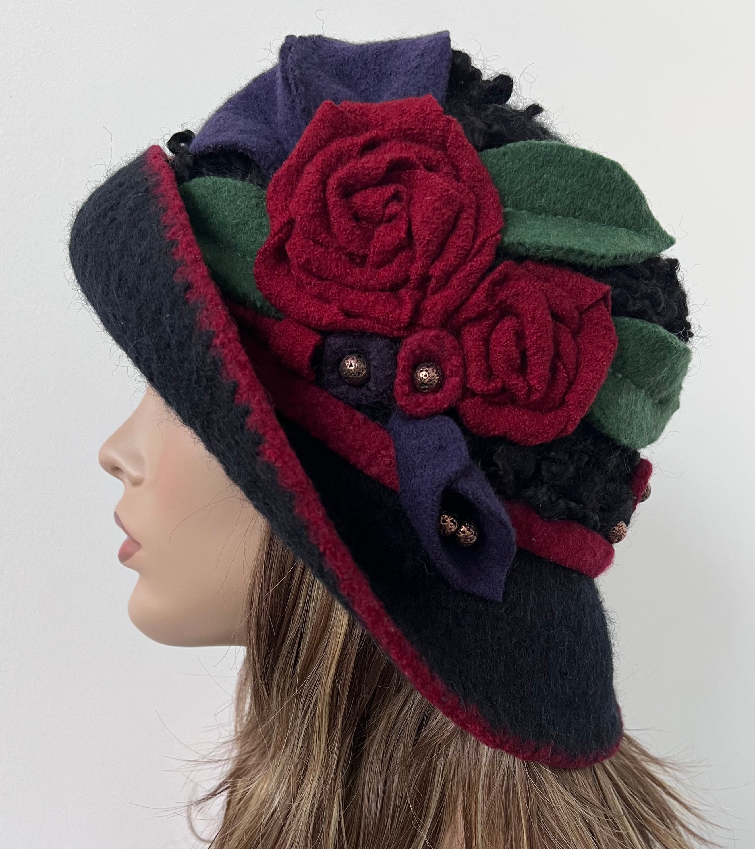 Handmade Felted Cloche Hat: Black Wool, Red Roses, Art Deco 