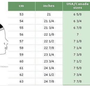 May include: A chart showing hat sizes in centimeters, inches, USA/Canada sizes, and universal sizes. The chart shows sizes from 53 cm to 63 cm, or 21 inches to 24 7/8 inches.