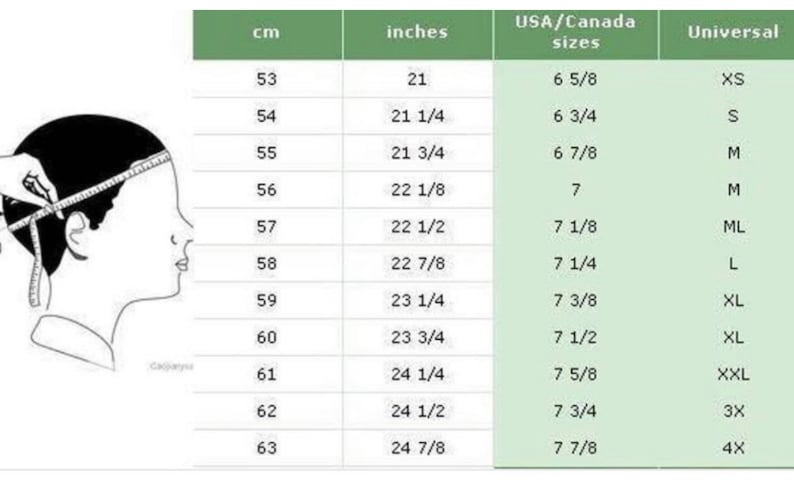 May include: A chart showing hat sizes in centimeters, inches, USA/Canada sizes, and universal sizes. The chart shows sizes from 53 cm to 63 cm, or 21 inches to 24 7/8 inches.