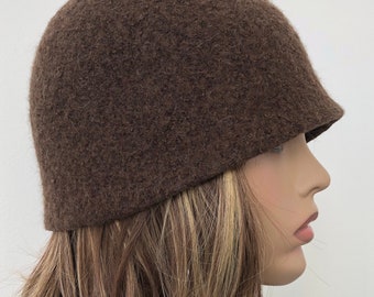 Handmade Felted Wool Cloche: Unisex Brown Wool Beanie