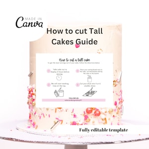 May include: A printable guide with instructions on how to cut a tall cake. The guide includes illustrations and text that says "How to cut a tall cake" and "Follow Us". The guide is displayed on top of a tall cake decorated with pink and gold sprinkles.