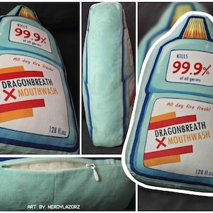 May include: A novelty pillow shaped like a mouthwash bottle, featuring the text "DRAGONBREATH MOUTHWASH" and "KILLS 99.9% of all germs." The pillow is light blue with a zipper and measures 128 fl oz.