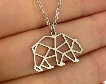 Origami Bear Necklace in Sterling Silver Metal, Bear Pendant, Mama Bear Necklace, Origami Necklace, Animal Jewelry, Mama Bear Gift