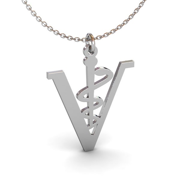 Veterinary Caduceus Necklace in Sterling Silver Metal, Caduceus Necklace, Vet Pendant, Medical Symbol Caduceus Necklace, Caduceus Jewelry