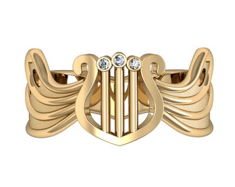14K Solid Gold Harfe Ring mit Diamanten, Harfe Schmuck, David harfe Ring, Diamant Ehering, Musik-Ring, Schmetterling Flügel Ring, Flügel ring