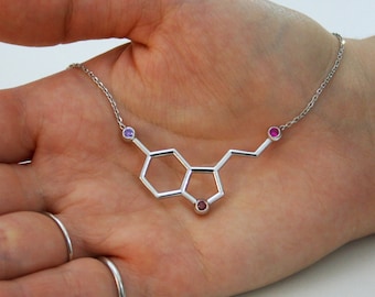 Birthstone Serotonin Necklace in Sterling Silver Metal, Serotonin Molecule Necklace, Molecule Necklace, Birthstone Jewelry, Biology Necklace