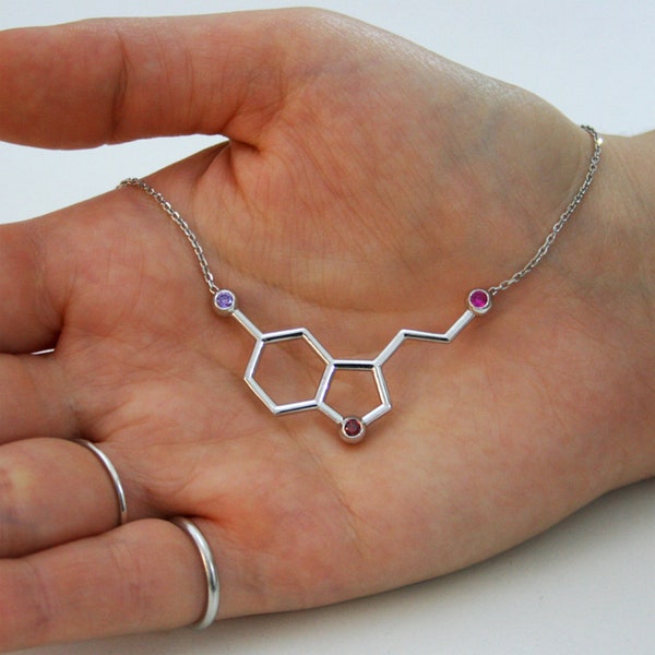 Birthstone Serotonin Necklace in Sterling Silver Metal, Serotonin Molecule Necklace, Molecule Necklace, Birthstone Jewelry, Biology Necklace