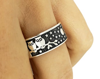Silver Owl Band Ring, His and Her Owl Ring, Owl Wedding Band Ring, Owl Jewelry, Engagement Ring, Animal Ring, Bird Ring