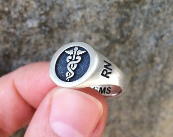 Caduceus Signet Ring in Sterling Silver Metal, Custom Signet Ring, Caduceus Ring, Medical Jewelry, Medical Symbol Caduceus Ring