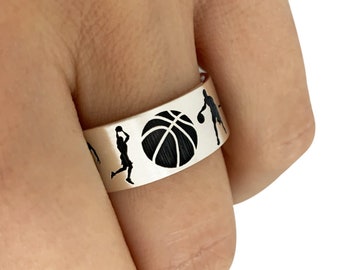 Basketball Band Ring in Sterling Silver Metal, Basketball Ring, Basketball Jewelry, Sports Band Ring, Silver Wedding Ring, Wedding Band Ring