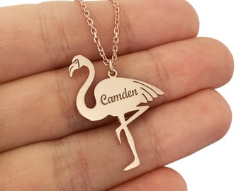 Personalization Flamingo Necklace with Name in Sterling Silver Metal, Flamingo Necklace, Flamingo Jewelry, Animal Pendant, Animal Jewelry