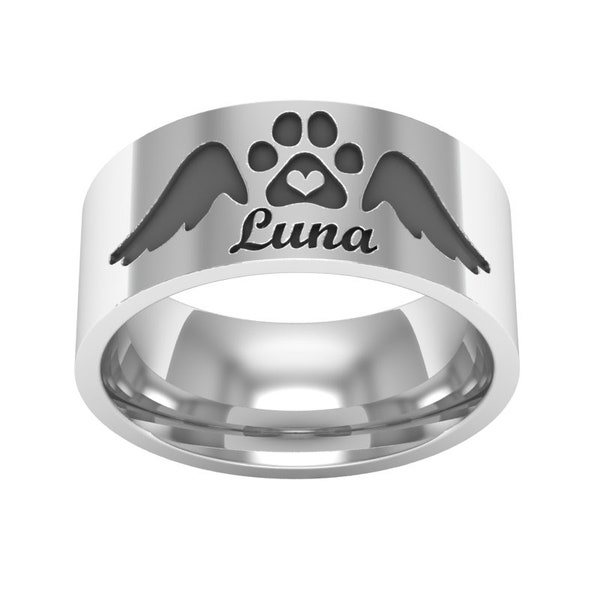 Custom Paw Ring with Name, Paw Band Ring, Silver Name Ring, Algel Wings with Paw, Pet Ring, Name Band Ring, Pawprint Ring, Memorial Pet Ring