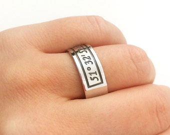 Koordinaten Ring, Koordinaten BandRing, Silber band Ring, Längengrad Ring, Koordinaten Schmuck, Standort Ring, Ehering