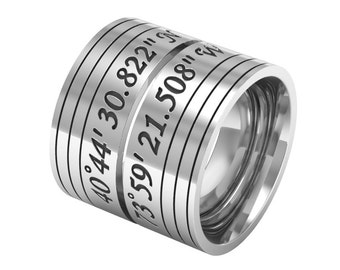 Anillo de banda de pareja de coordenadas personalizadas, anillo de coordenadas de plata, anillo de longitud de latitud, alianzas de boda a juego, anillo de ubicación, anillos de parejas