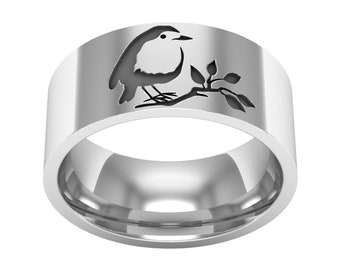 Rotkehlchen Bandring in Sterling Silber Metall, Rotkehlchen Vogel Ring, Rotkehlchen Vogel Schmuck, Rotkehlchen Vogel Ehering, Tier Ring