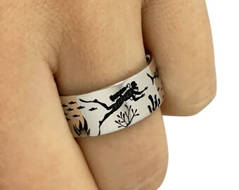 Scuba Diver Band Ring in Sterling Silver Metal, Sea Band Ring, Fish Band Ring, Silver Wedding Ring, Wedding Band Ring, Diver Ring