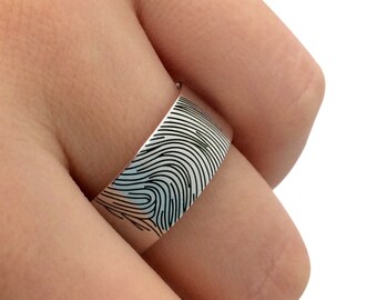 Actual Fingerprint Ring in Sterling Silver Metal, Personalized Fingerprint Band Ring, Memorial Ring, Custom Wedding Band Ring