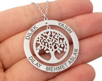 Collana di albero della vita in metallo argento, collana di albero genealogico, nome collana, collana di nome di famiglia, madri collana, albero della vita