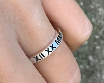 Custom Date Ring, Personalized Roman Numeral Ring, Anniversary Gift, Dainty Silver Ring, 3mm Band Ring, Silver Band Ring, Wedding Ring