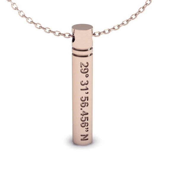 Custom Coordinates Cylinder Bar Necklace in Sterling Silver Metal