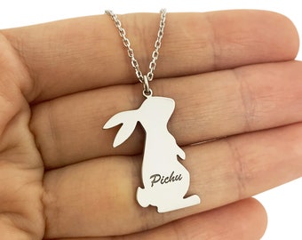 Rabbit Necklace with Name in Sterling Silver Metal, Bunny Necklace, Animal Necklace, Rabbit Jewelry, Pet Jewelry, Christmas Gift