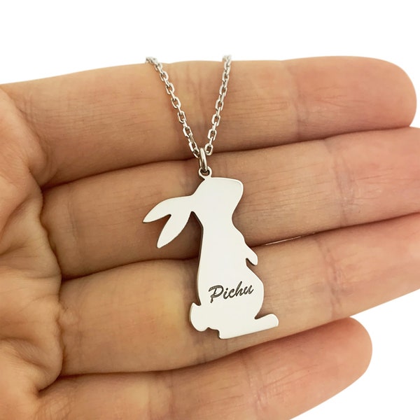 Rabbit Necklace with Name in Sterling Silver Metal, Bunny Necklace, Animal Necklace, Rabbit Jewelry, Pet Jewelry, Christmas Gift