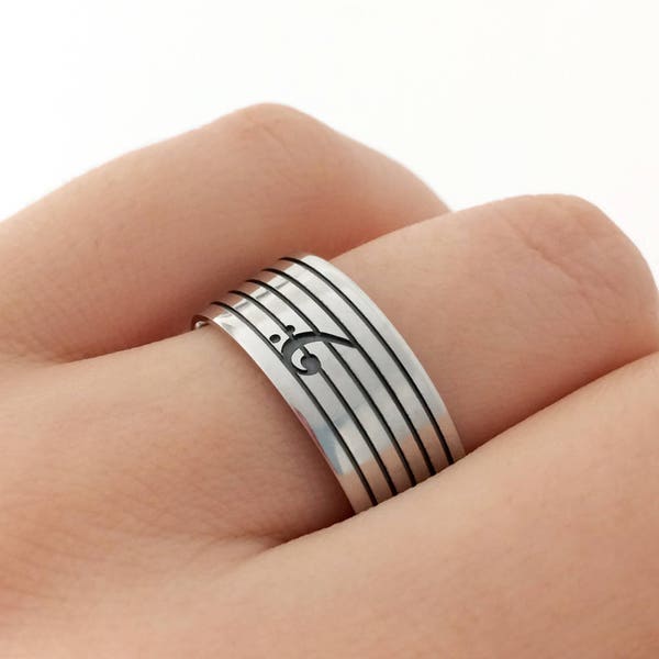 Sterling Silver Bass Clef Band Ring, Bass Clef Band Ring, Bass Clef Silver Ring, Music Jewelry, Music Ring, Music Teacher Gift, Music Gift