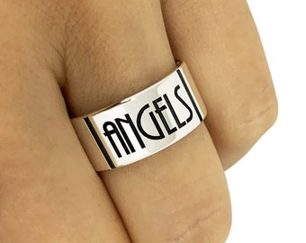 Anillo de banda de nombre personalizado en metal de plata esterlina, anillo de alianza de boda personalizado, anillo de nombre personalizado, anillo de bodas de plata, anillo de compromiso