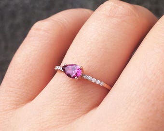 14K Solid Gold Ring, Tourmaline Ring, Rose Gold Ring, Gold Engagement Ring, Diamond Ring, Bridal Jewelry, Delicate Gold Ring