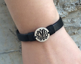 Custom Monogram Leather Bracelet, Custom Leather Bracelet, Silver Bracelet, Monogram Bracelet, Monogram Jewelry, Black Leather Bracelet
