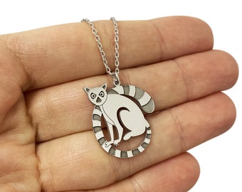 Lemur Necklace in Sterling Silver Metal, Lemur Pendant, Animal Jewelry, Lemur Charm, Silver Animal Necklace, Birthday Gift