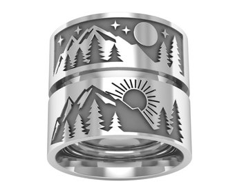 Mountain Couple Rings in Sterling Silver Metal, Day and Night Couple Rings, Sun and Moon Couple Rings Matching Rings, His and Her Rings