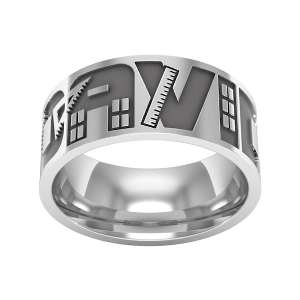 Anillo de banda de nombre personalizado, anillo de arquitecto, regalo para arquitecto, joyería de arquitecto, anillo de nombre personalizado, anillo de banda de boda de plata