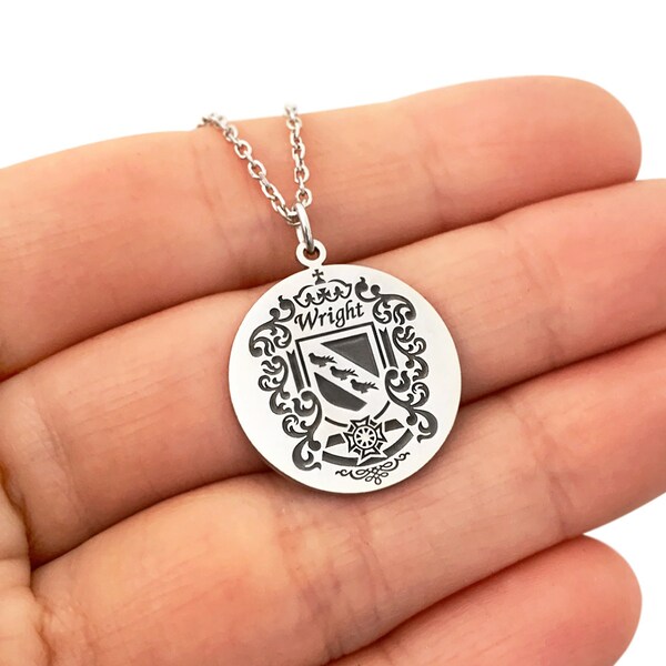 Custom Family Crest Necklace in Sterling Silver Metal, Family Crest Jewelry, Custom Name Necklace, Family Coat of Arms Necklace