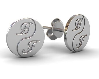 Yin Yang Earrings, His and Her Initial Earrings, Custom Stud Earrings, Personalized Initial Earrings, Ying Yang Jewelry, Initial Earrings