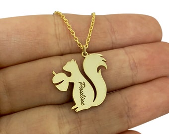 Squirrel Necklace with Name in Sterling Silver Metal, Squirrel Necklace, Animal Necklace, Squirrel Jewelry, Christmas Gift