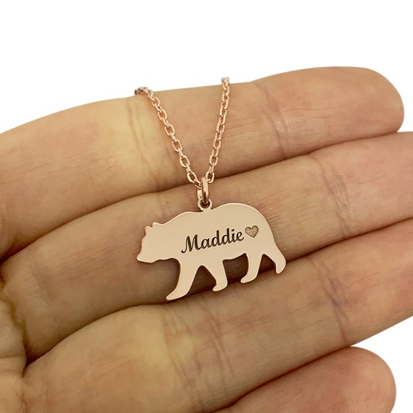 Bear Necklace with Name, Silver Name Necklace, Mama Bear Necklace, California Bear Jewelry, Bear Jewelry, Bear Charm, Gift for Mom