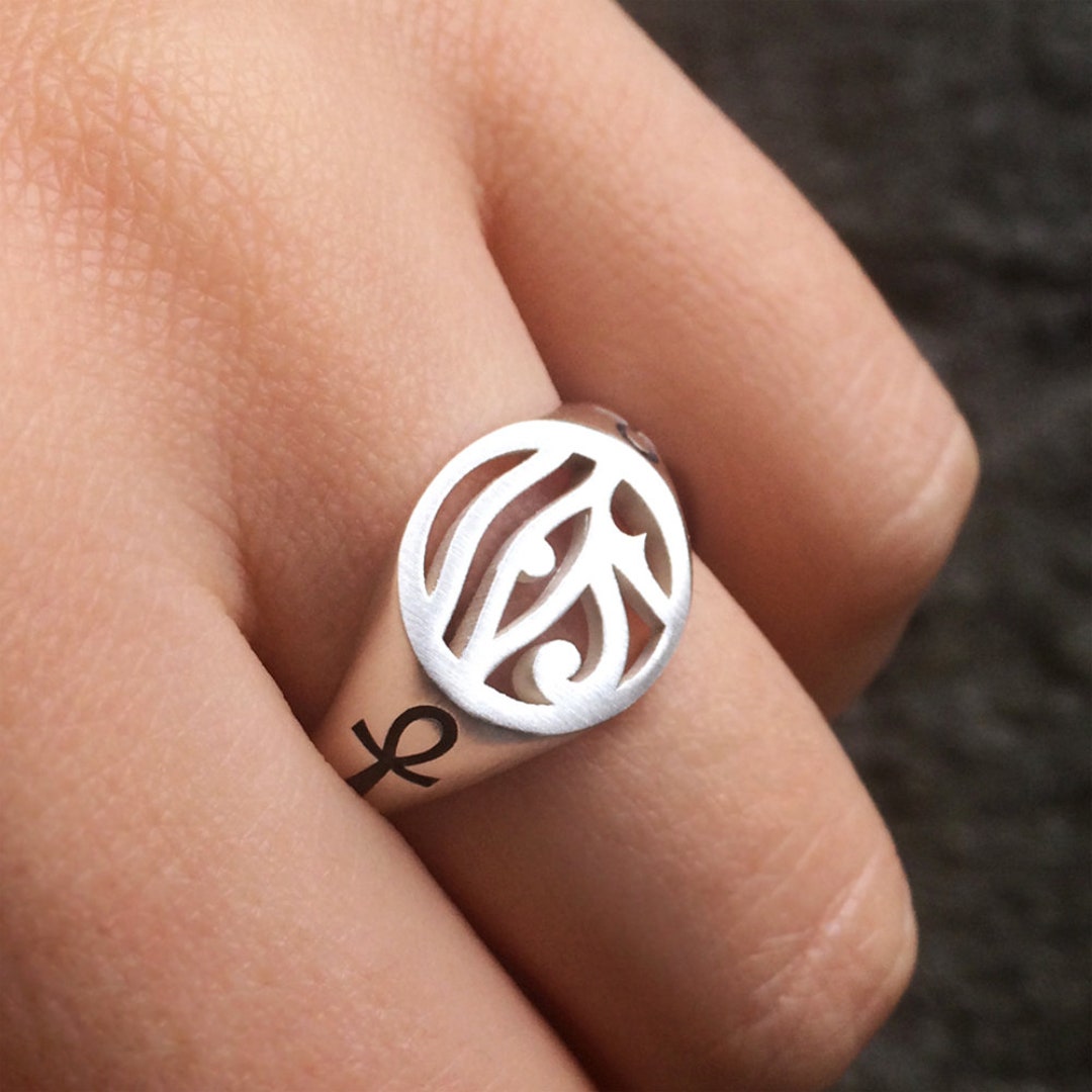 Eye of Horus and Ankh Ring in Sterling Silver Metal, Eye of