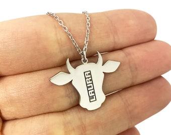 Cow Necklace with Name in Sterling Silver Metal, Cow Necklace, Animal Necklace, Cow Jewelry, Farm Animal Jewelry, Christmas Gift