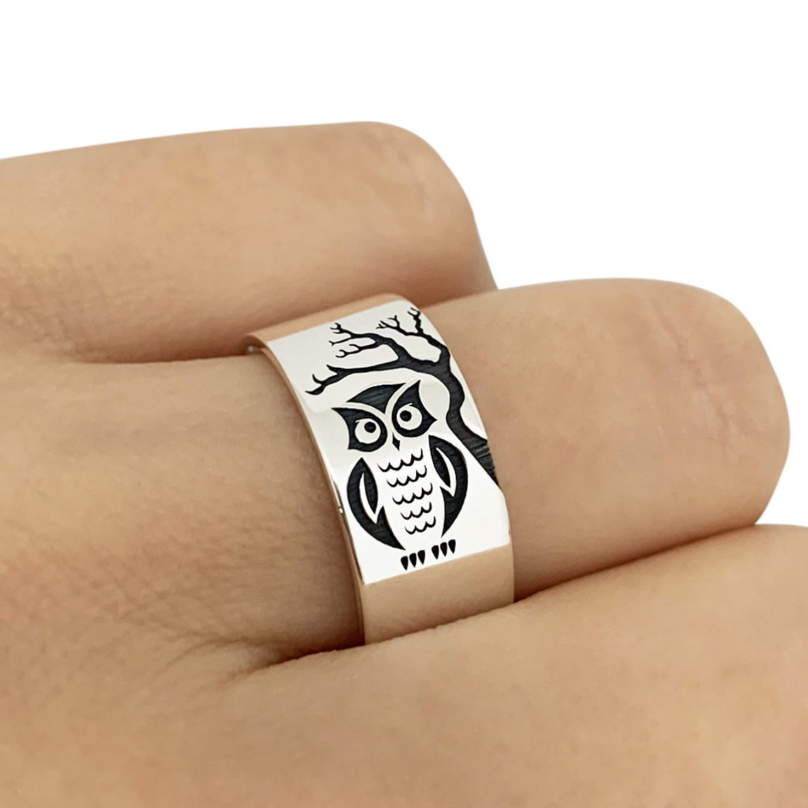 Owl Band Ring in Sterling Silver Metal Owl Ring Owl Jewelry Etsy