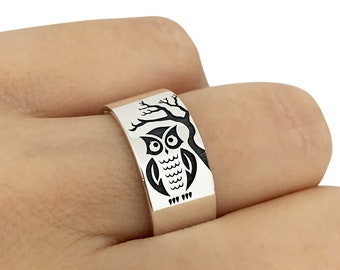 Owl Band Ring in Sterling Silver Metal, Owl Ring, Owl Jewelry, Owl Wedding Band Ring, Engagement Ring, Animal Ring, Bird Ring