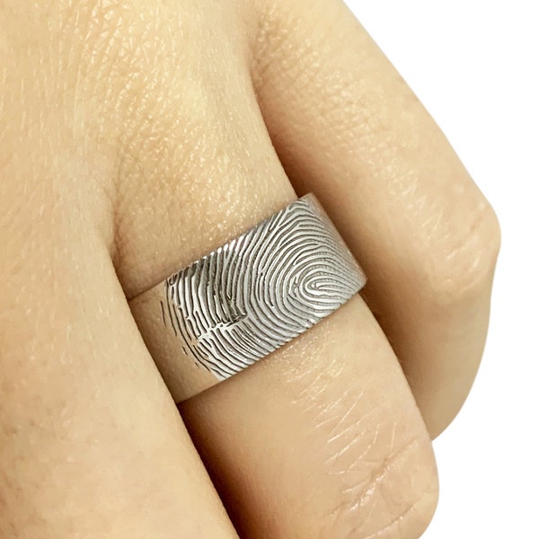 Actual Fingerprint Ring, Fingerprint Band Ring in Sterling Silver Metal, Custom Band Ring, Memorial Ring, Personalized Wedding Band Ring