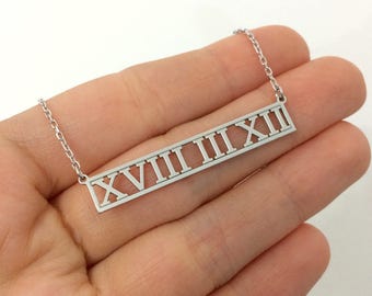 Custom Roman Numeral Necklace in Sterling Silver Metal, Personalized Date Necklace, Roman Numeral Jewelry, Date Bar Necklace, Christmas Gift