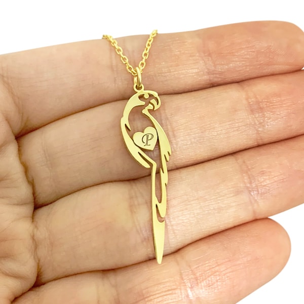 Parrot Necklace with Initial in Sterling Silver Metal, Initial Necklace, Gift for Mom, Parrot Pendant, Parrot Jewelry, Bird Jewelry